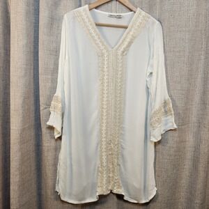 Raya Sun Pullover Tunic Women's L/XL White/Ivory Crochet Semi Sheer Boho Peasant